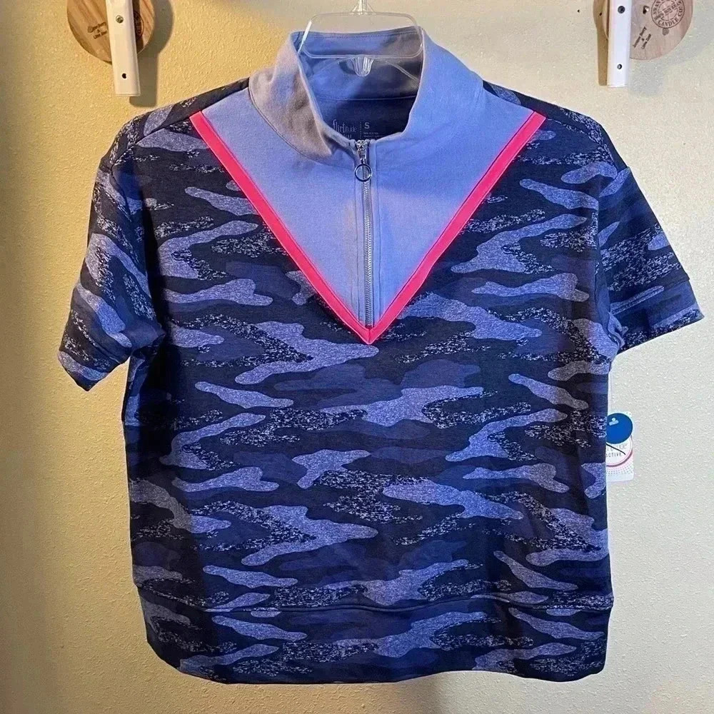 Flirtitude Active Blue Camo Workout Top Athleisure Jamestown Half Zip Sz S New